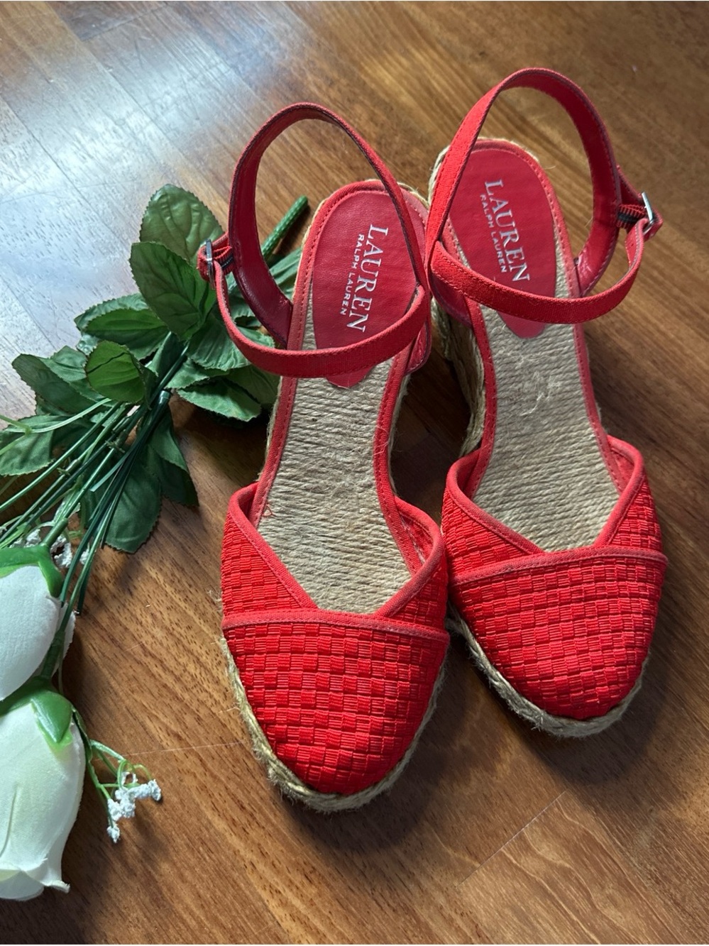LAUREN Ralph Lauren Red Woven Espadrille Wedge Sandals with Ankle Strap